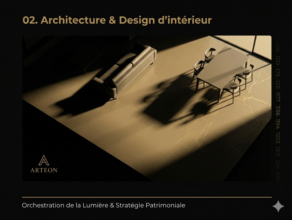 Intérieur architectural baigné de lumière dorée — orchestration patrimoniale